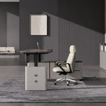 Tavren desk rises on slim legs in a slat-wall office