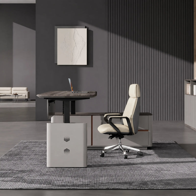 Tavren desk rises on slim legs in a slat-wall office