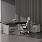 Tavren desk with keyed credenza in a gray studio office
