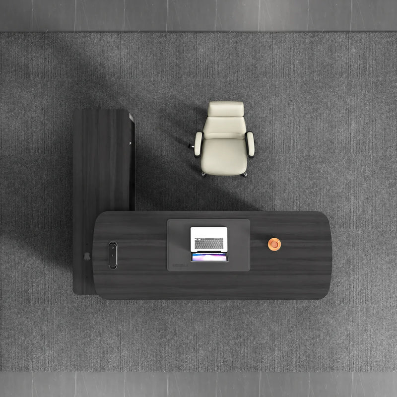 Tavren desk from above, dark top with control screen