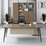 Tawn desk centered before a walnut storage wall