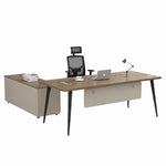 Tawn desk, left return, with desk lamp and coffee