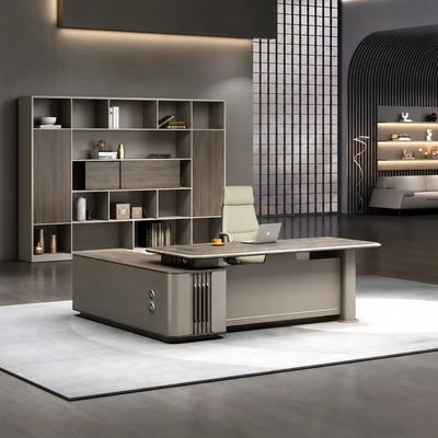 Teller desk in a dark showroom with lit shelf wall