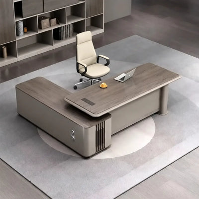 Teller desk from above, right return, cream chair on carpet
