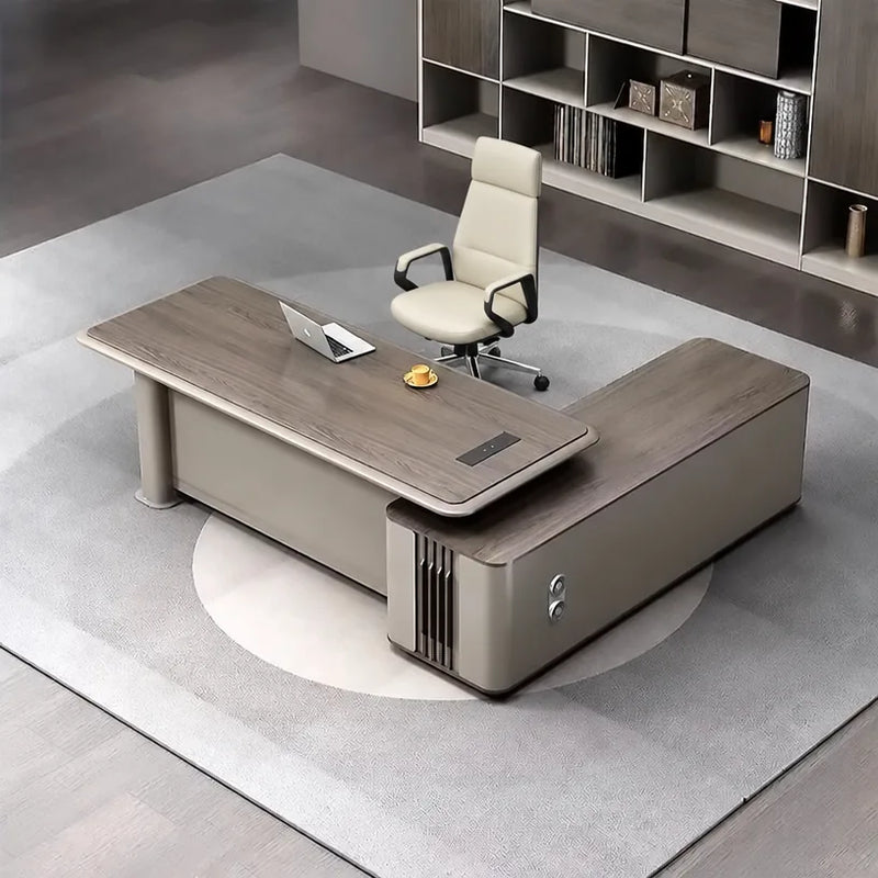 Teller desk, left return, laptop and snacks on top