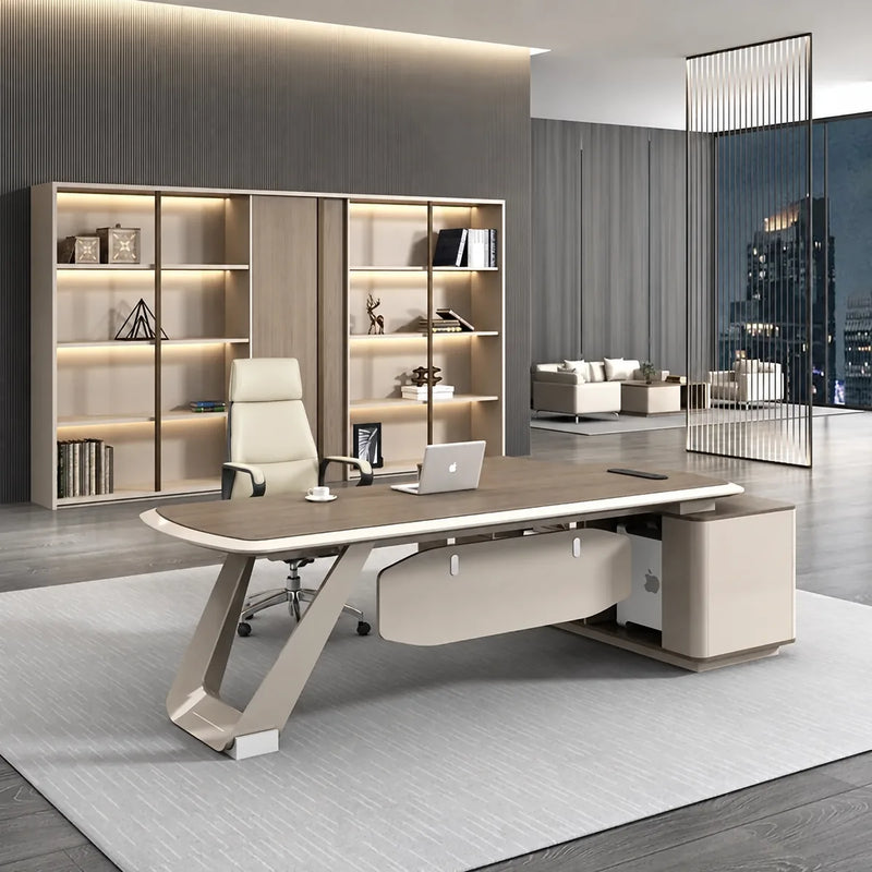 Tiller manager desk, left return, in a night-view office