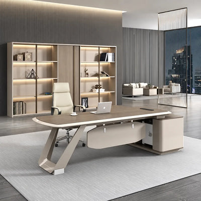 Tiller manager desk, left return, in a night-view office