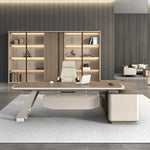 Tiller desk facing lit shelving with white chair