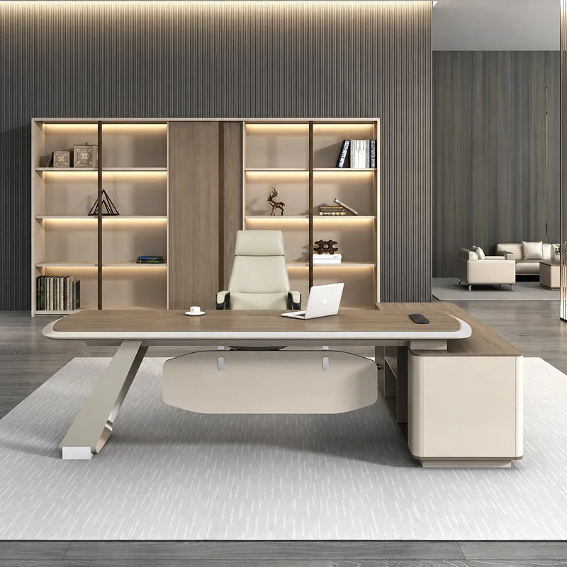 Tiller desk facing lit shelving with white chair