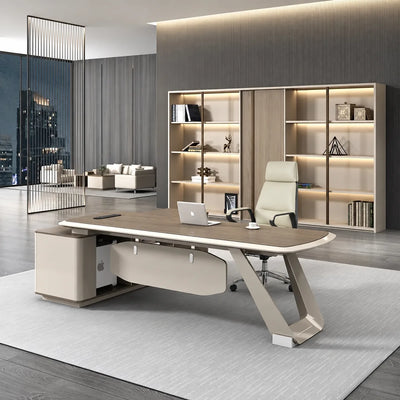 Tiller desk, right return, in a skyline corner office