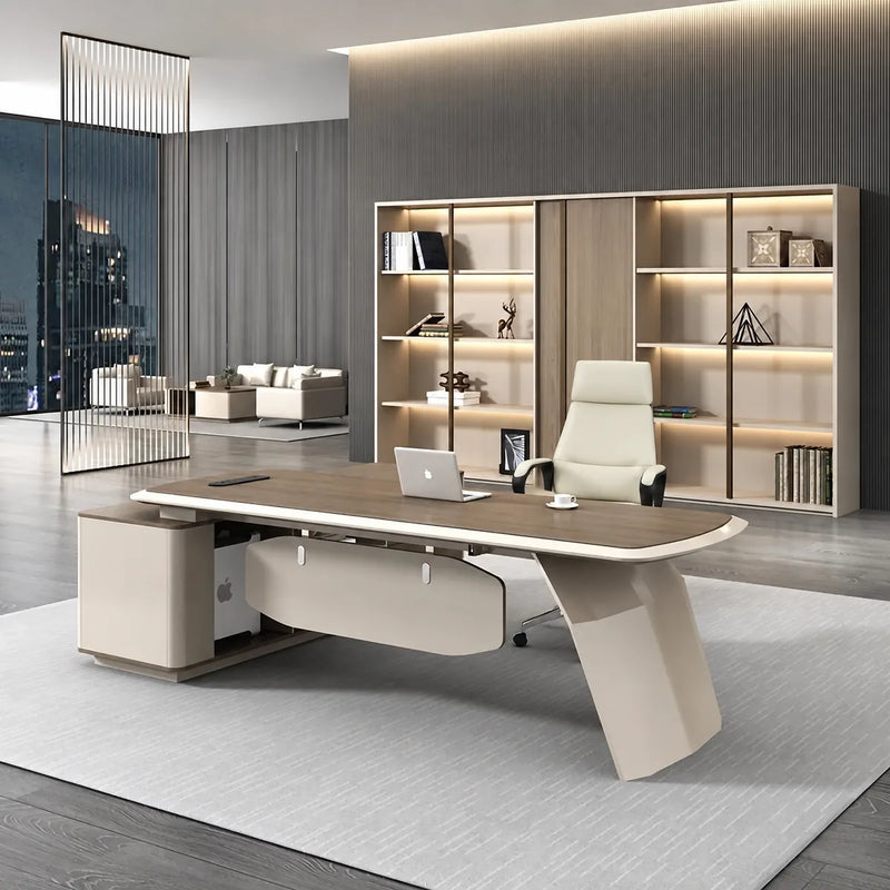 Tilson desk, right return, in a night office with shelf wall
