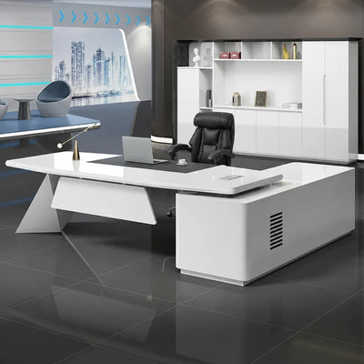 Turing desk in white, left return, in a sci-fi styled office