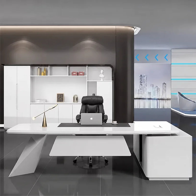 Turing desk in a futuristic office with blue accent lights