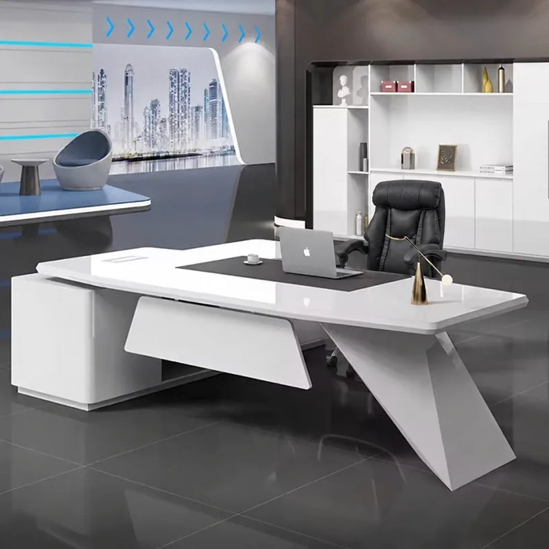 Turing desk in white with black chair and gold lamps