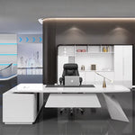 Turing desk facing a white cabinet wall with blue arrows