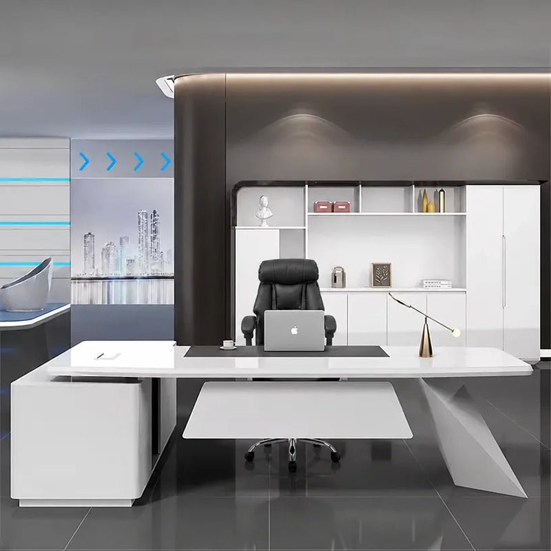 Turing desk facing a white cabinet wall with blue arrows