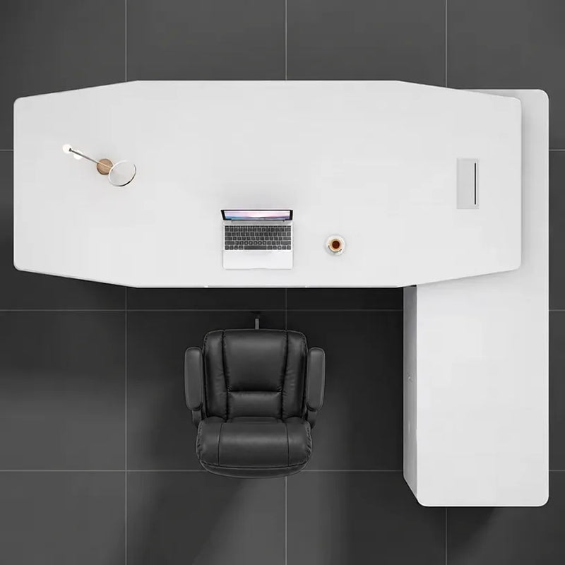 Turing desk from above, white top with charcoal pad