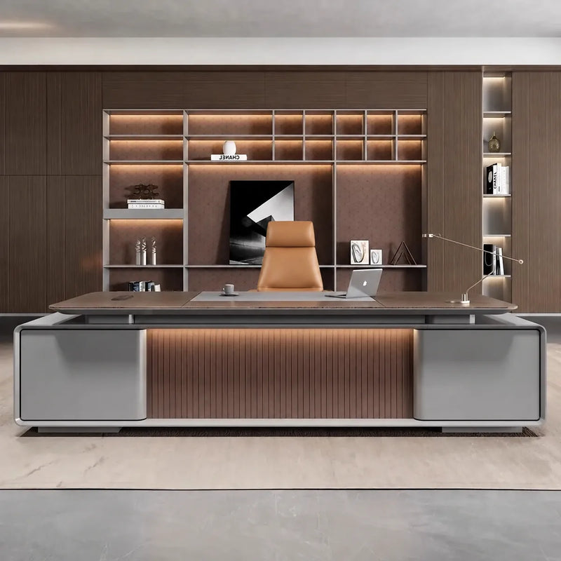 Twilley desk front-on, fluted band glowing over gray base