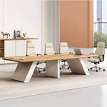 Unity 15′9″ (189-inch) conference table seating 14 in brown oak with cream chairs and a credenza