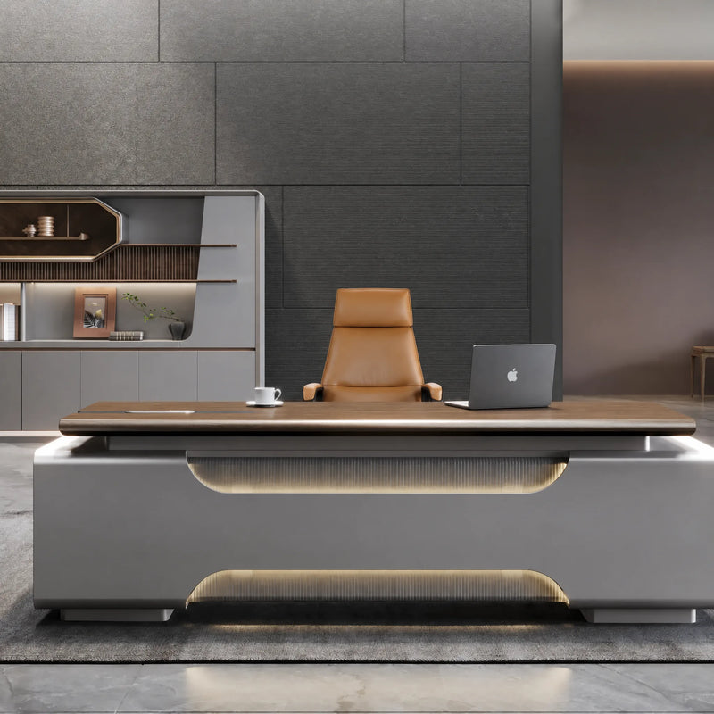 Valence desk facing forward with lit twin bands
