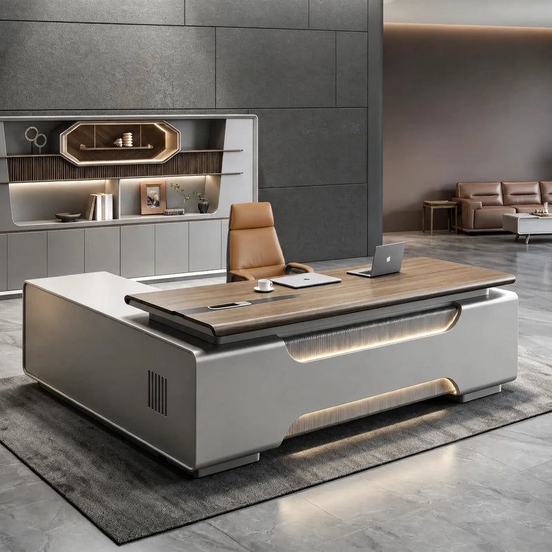 Valence desk with vented pedestal in a slate office