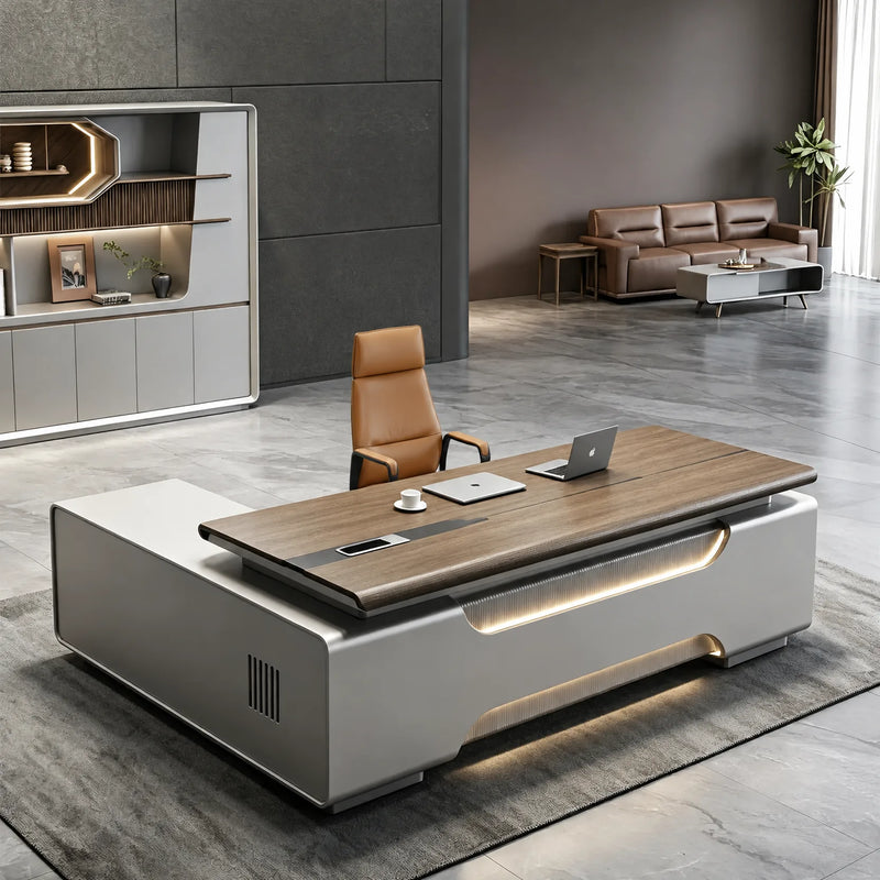 Valence desk, walnut top over sculpted gray base, lounge behind