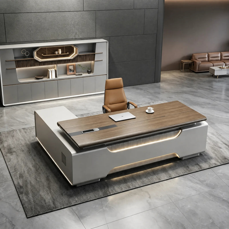 Valence desk, left return, overhead in a gray suite