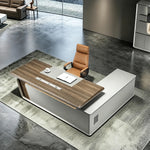 Varell desk from above on a mottled rug with laptop