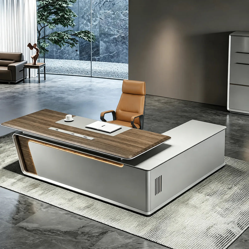 Varell desk, left return, in a stone-walled office