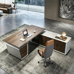Varell desk with walnut drawers and brown chair on a beige rug