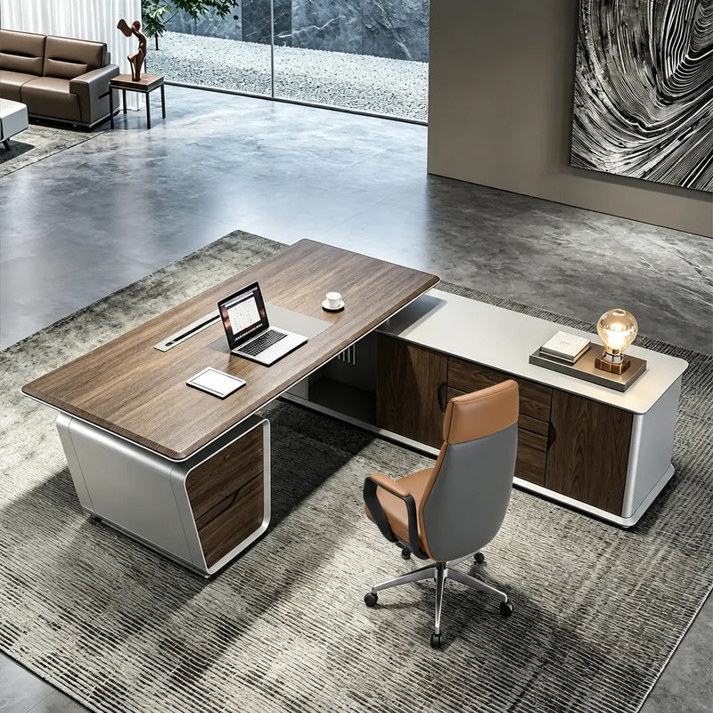 Varell desk with walnut drawers and brown chair on a beige rug