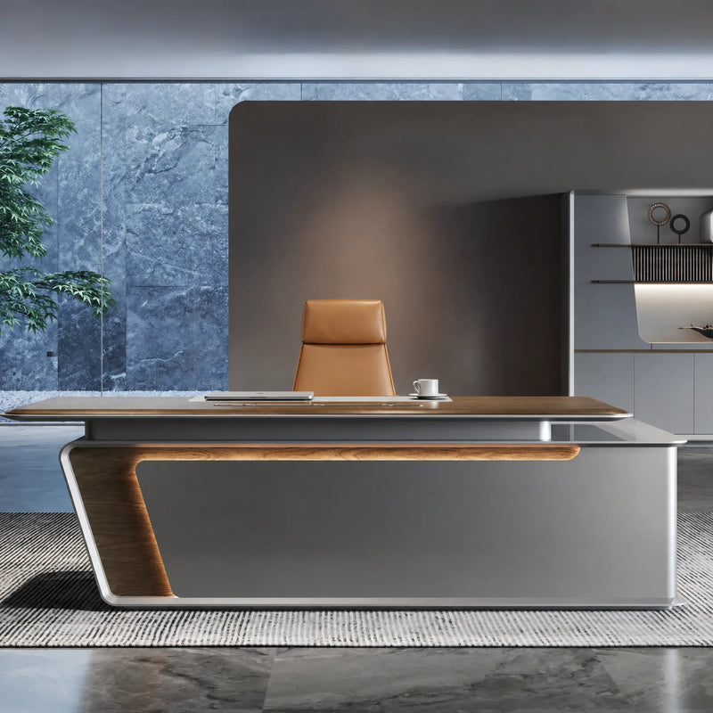 Varell desk front-on, wood liner glowing in the gray shell