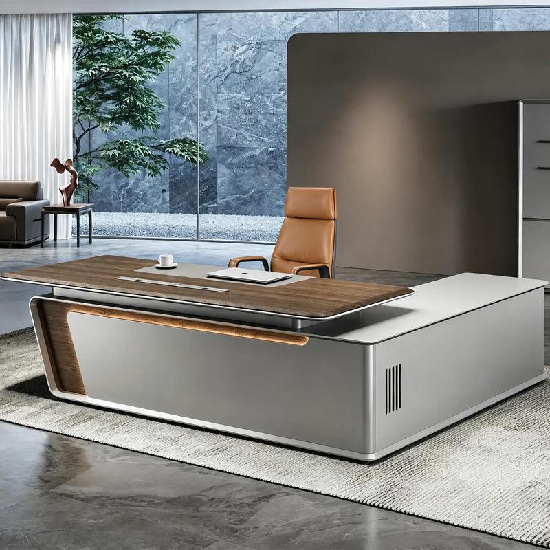 Varell desk, aluminum wedge base, tree beyond the glass