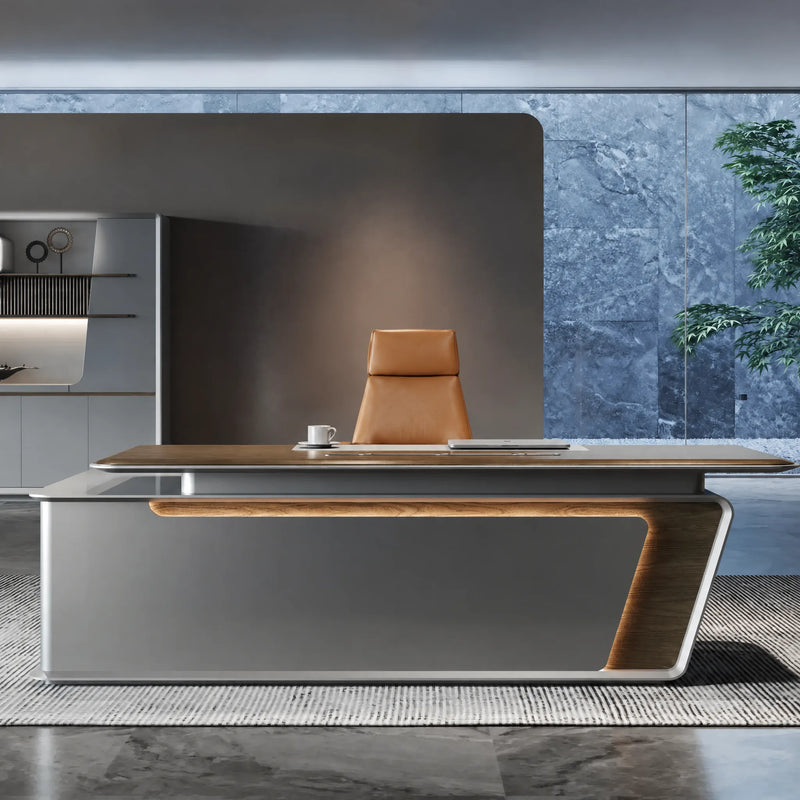 Varell desk mirrored angle with lit wood liner