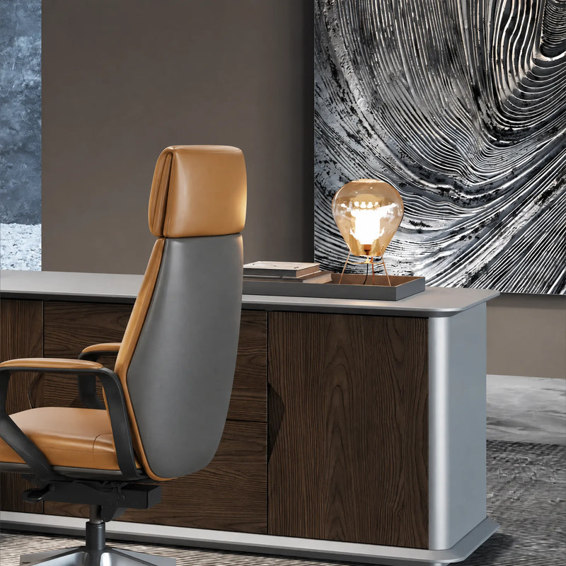 Varell walnut credenza with lamp and chair, close view
