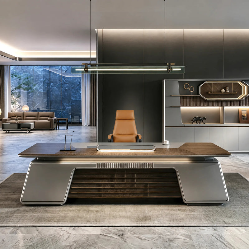 Velluto desk with walnut chevron top under a glass pendant