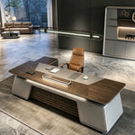 Velluto desk front-on, louvered silver base on marble