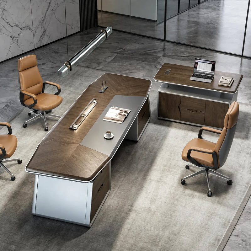 Velluto desk with guest table and chairs, overhead view