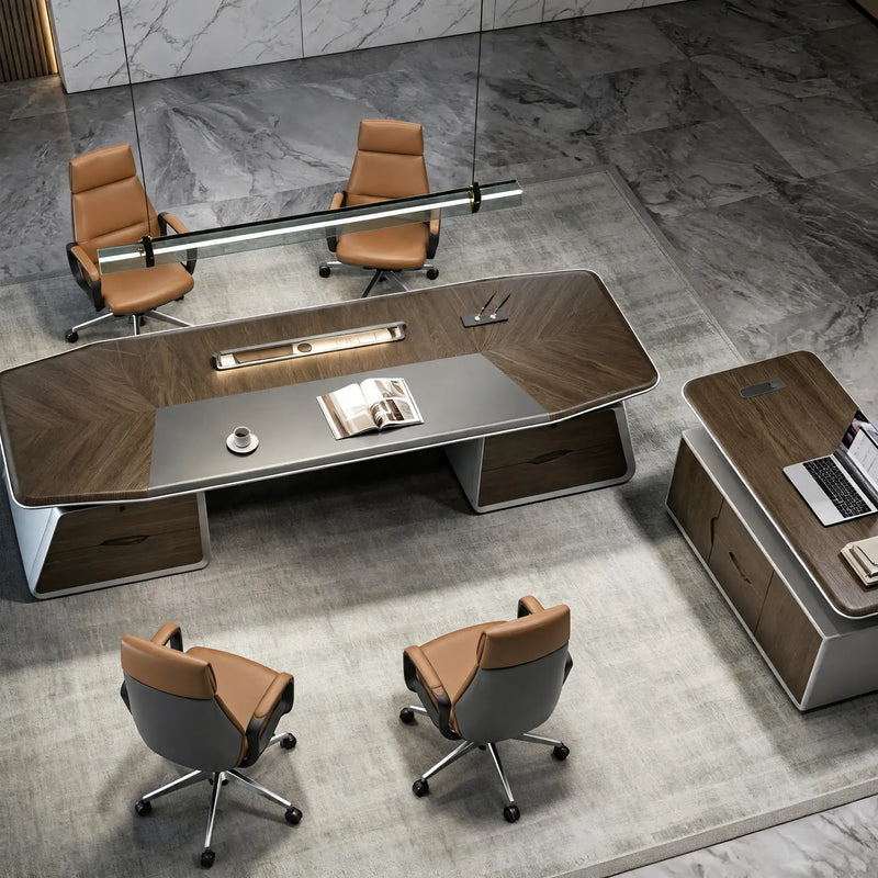 Velluto desk from above with paired seating arrangement