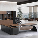 Ventura manager desk in dark oak, right return, walnut wall unit