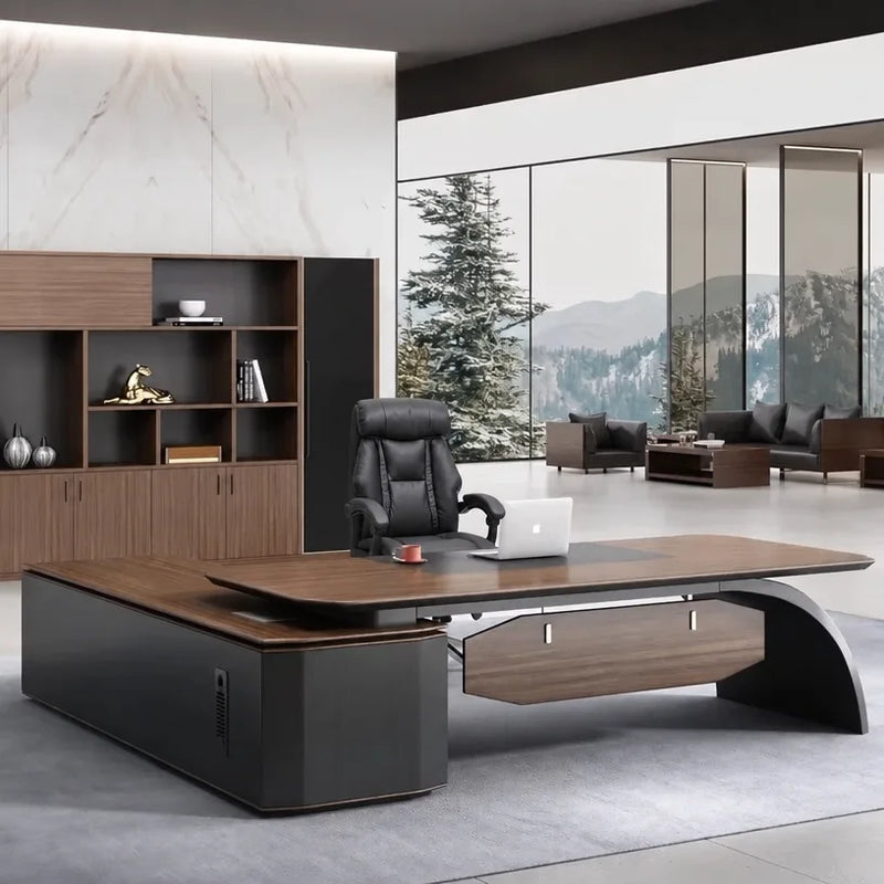 Ventura manager desk in dark oak, right return, walnut wall unit