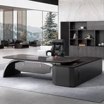 Ventura desk in midnight black, left return, forest windows