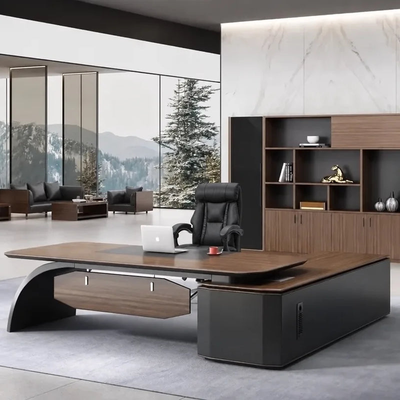 Ventura desk in dark oak, left return, bronze shelf wall