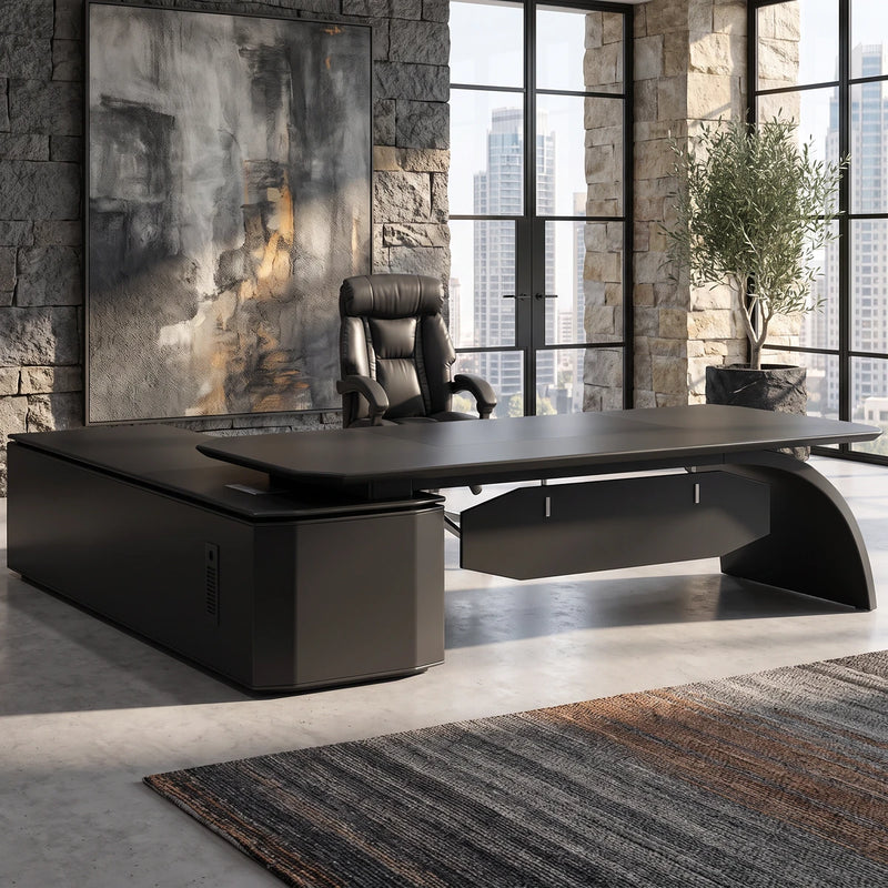 Ventura desk in a sunlit office with a city view