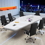 Vertix white high-gloss boardroom table with black leather chairs and a laptop against a night city skyline