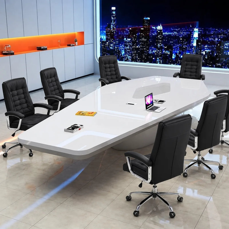 Vertix white high-gloss boardroom table with black leather chairs and a laptop against a night city skyline