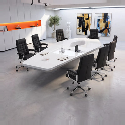 Vertix white high-gloss boardroom table with black leather chairs and a laptop against a night city skyline