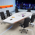 Vertix sleek white conference table with black leather chairs, angled view with city lights behind