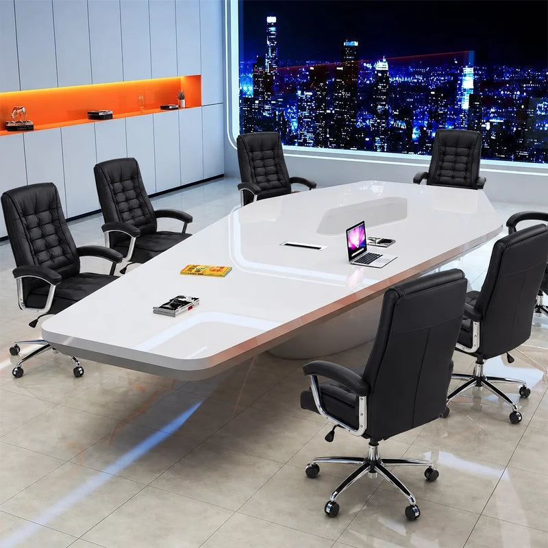Vertix sleek white conference table with black leather chairs, angled view with city lights behind