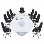 Vertix white conference table with nine black leather chairs on a round dome base, viewed from the end